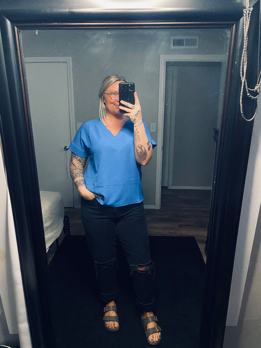Woven Bubble V-Neck - Ocean Blue