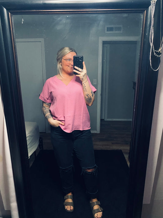 Woven Bubble V-Neck - Light Mauve