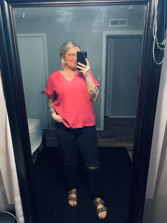 Woven Bubble V-Neck - Fuchsia