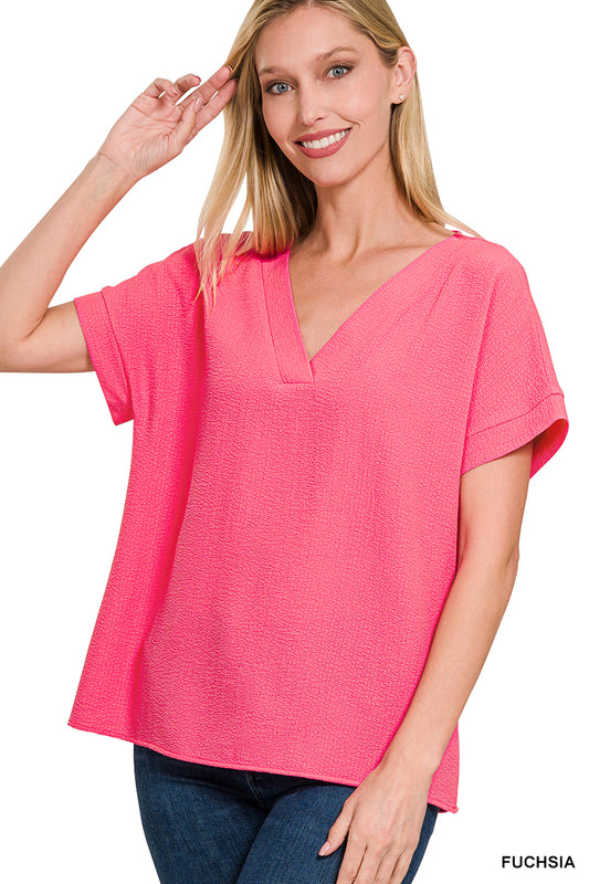 Woven Bubble V-Neck - Fuchsia