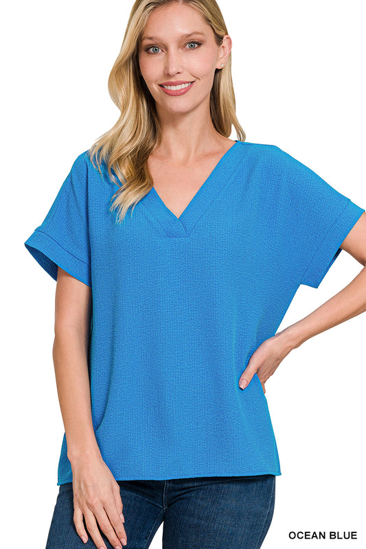 Woven Bubble V-Neck - Ocean Blue