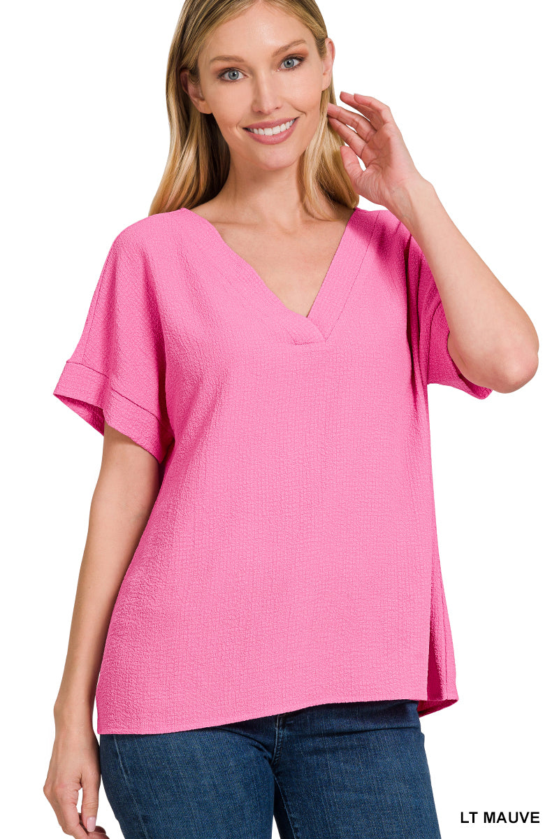 Woven Bubble V-Neck - Light Mauve